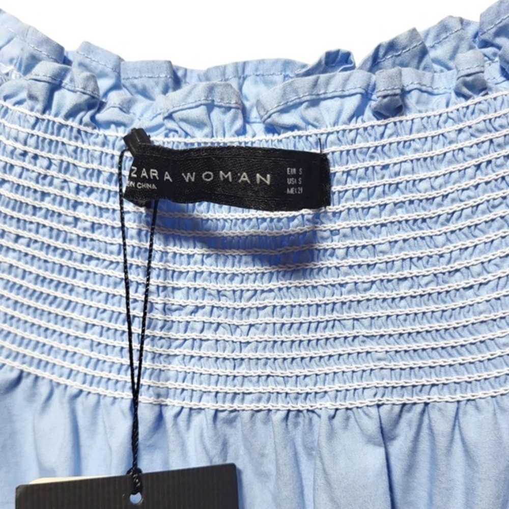 NEW Zara Cotton Off The Shoulder Smocked Poplin Babydoll Mini Dress in Blue - Picture 6 of 9